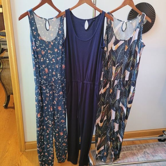 3 Wmns L Casual Crew Slvless Rompers Tie W/Elastic Waist Skinny Jumpsuit Jersey - Picture 1 of 14